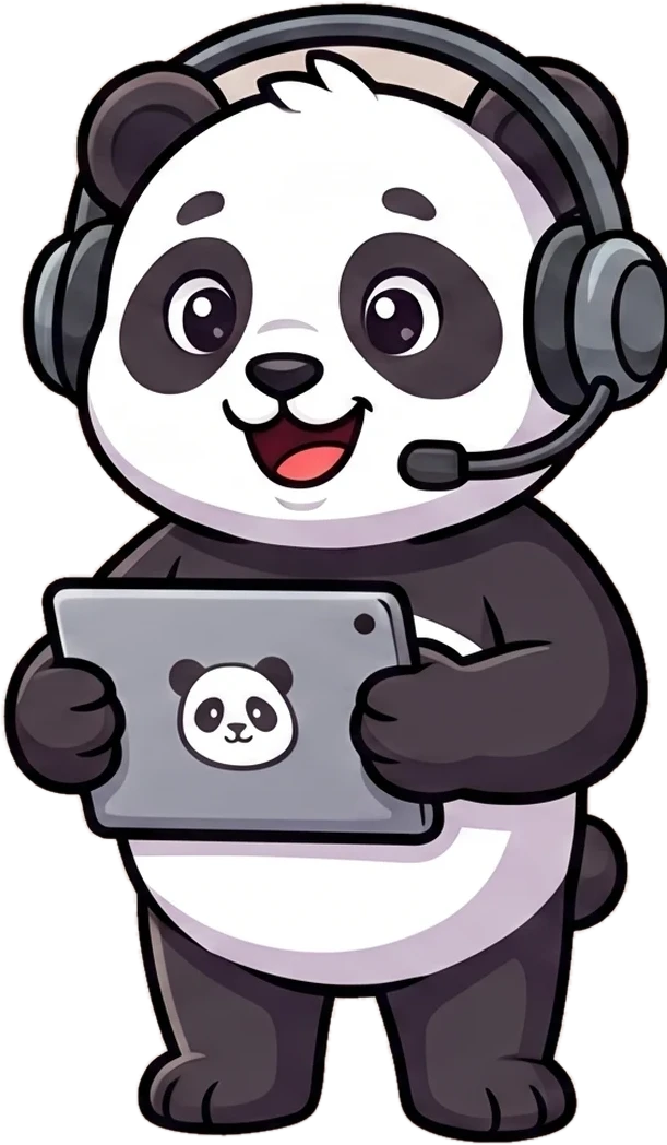 Panda, a friendly panda cub with a gaming headset and tablet