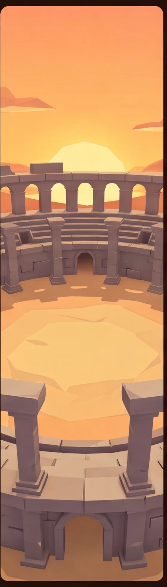 Blockolossus Arena: a low-poly colosseum at sunset